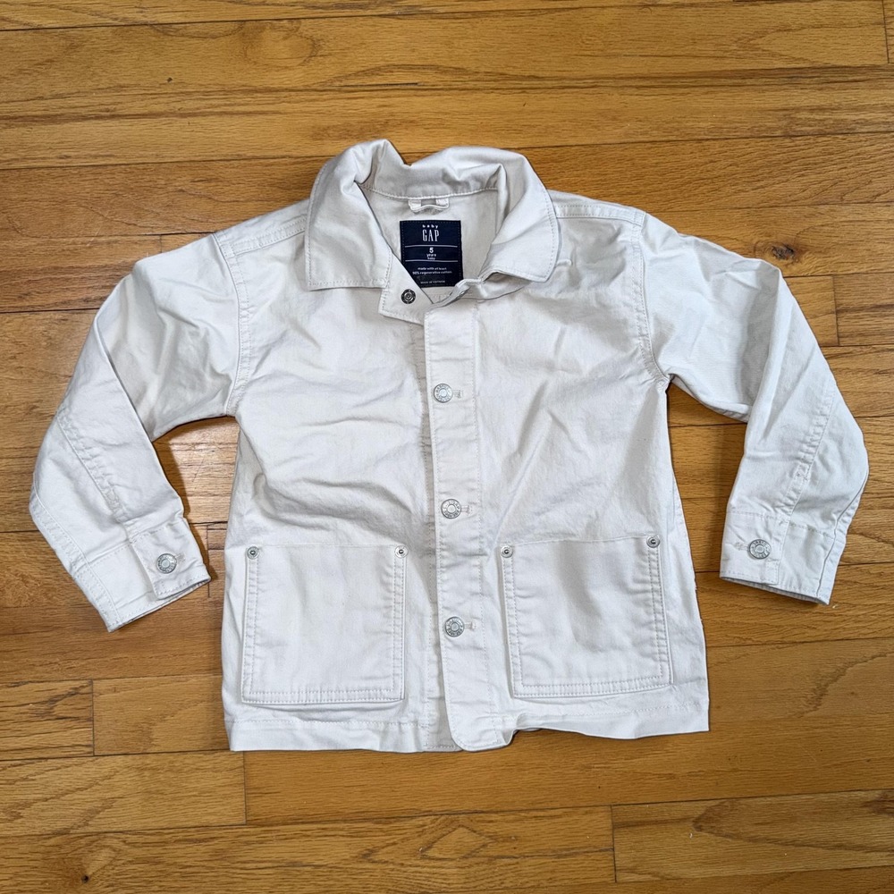 Baby Gap Chore Jacket Kids 5 Beige Gray Cotton Twill‎ Snap Front Pockets Coastal